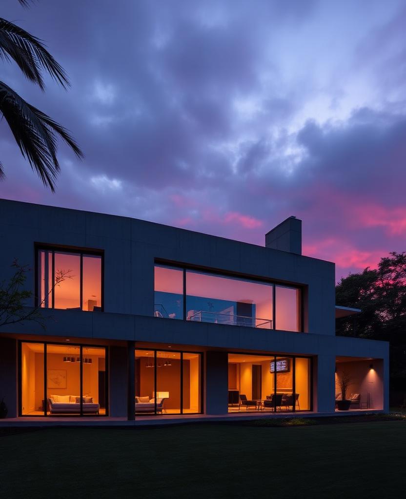 Brutalist concrete villa with floor-to-ceiling windows at dusk